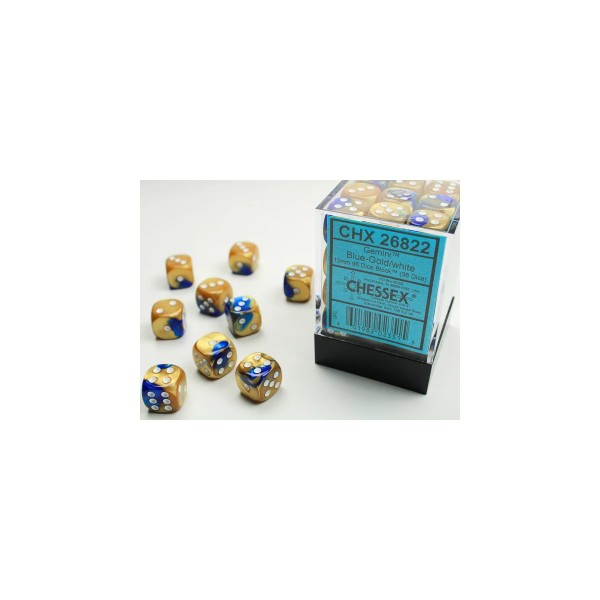 Gemini 12mm d6 with pips (36 Dice Block) - Blue-Gold w/white