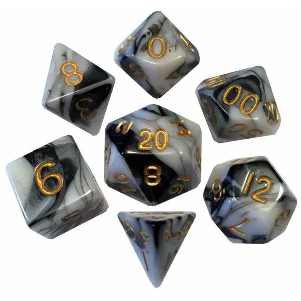 16mm Acrylic Polyhedral Dice Set: Marble w/ Gold Numbers