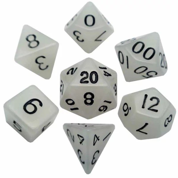 16mm Acrylic Polyhedral Dice Set: Glow in the Dark Clear