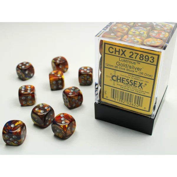 12mm d6 with pips (36 Dice Block) - Lustrous Gold w/silver