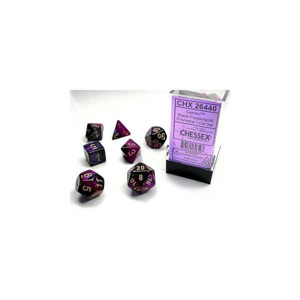 Gemini Polyhedral 7-Die Set - Black-Purple w/gold