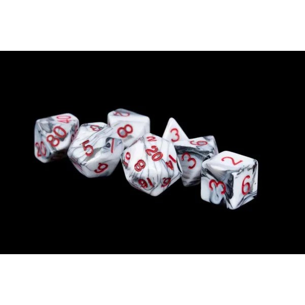 16mm Acrylic Polyhedral Dice Set: Marble w/ Red Numbers