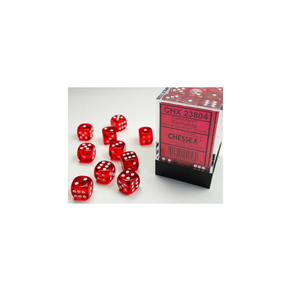 Translucent 12mm d6 with pips (36 Dice Block) - Red w/white