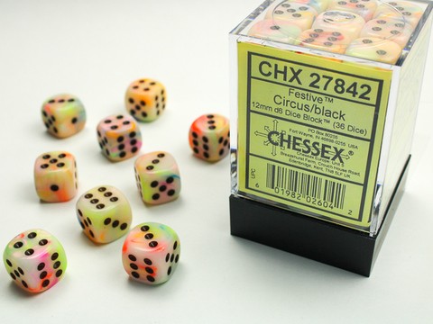 Festive™ Circus™ w/black Signature™ 12mm d6 with pips Dice Blocks™ (36 Dice)