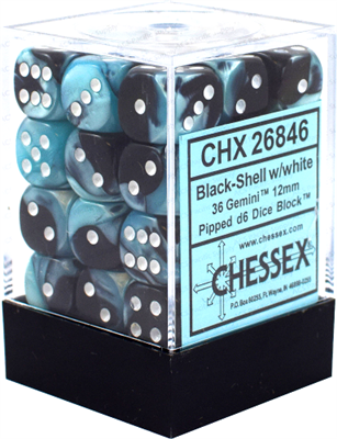 Chessex Gemini 12mm d6 Dice Blocks with pips Dice Blocks (36 Dice) - Black-Shell w/white