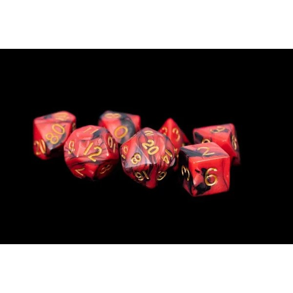 16mm Acrylic Polyhedral Dice Set: Red/Black w/ Gold Numbers
