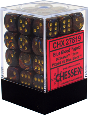 Chessex Signature 12mm d6 with pips Dice Blocks (36 Dice) - Scarab Blue Blood w/gold