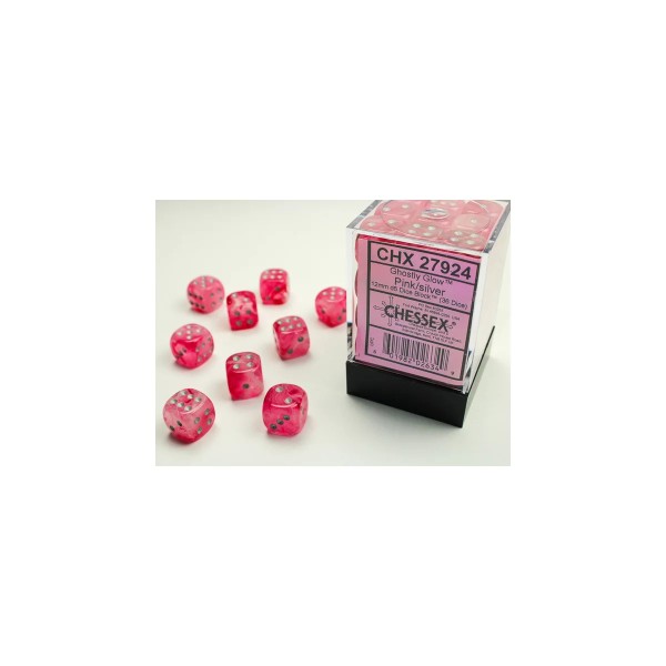12mm d6 with pips (36 Dice Block) - Ghostly Glow Pink/silver