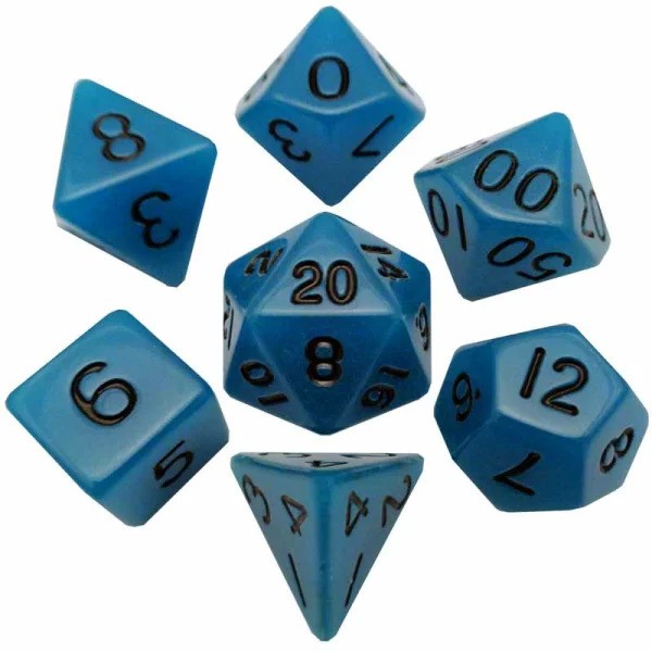 16mm Acrylic Polyhedral Dice Set: Glow in the Dark Blue