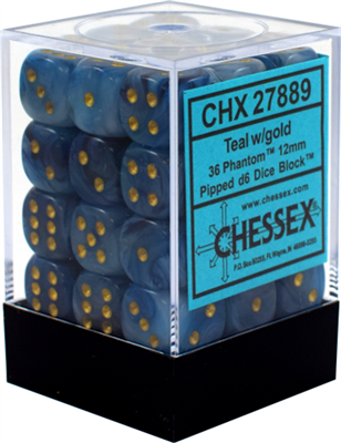 Chessex Signature 12mm d6 with pips Dice Blocks (36 Dice) - Phantom Teal w/gold