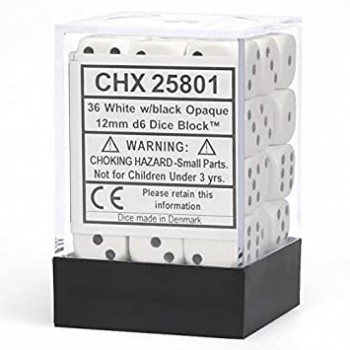 Chessex Opaque 12mm d6 with pips Dice Blocks (36 Dice) - White w/black