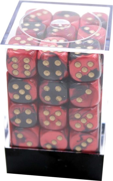 Chessex Gemini 12mm d6 Dice Blocks with pips Dice Blocks (36 Dice) - Black-Red w/gold