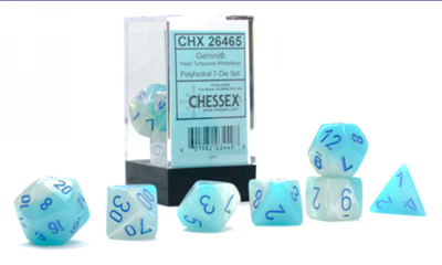 Gemini Polyhedral Pearl Turquoise-White/blue Luminary 7-Die Set