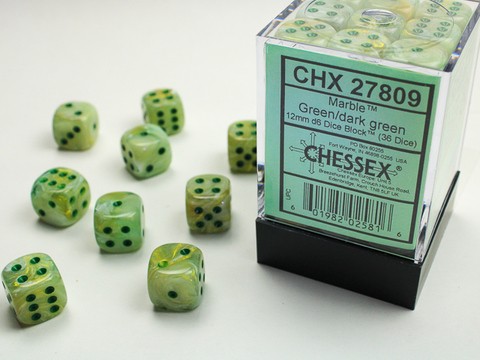 Marble™ Green w/dark green Signature™ 12mm d6 with pips Dice Blocks™ (36 Dice)