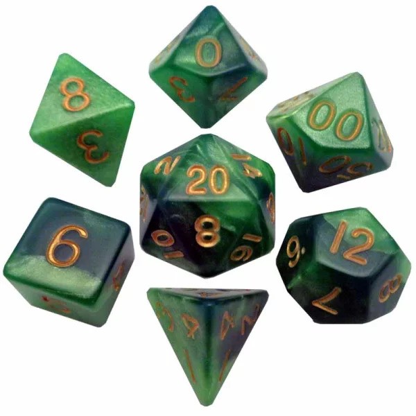 16mm Acrylic Polyhedral Dice Set: Green/Light Green w/ Gold Numbers