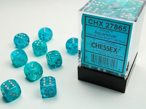 Cirrus™ Aqua w/silver Signature™ 12mm d6 with pips Dice Blocks™ (36 Dice)