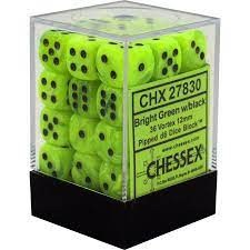 Vortex Bright Green/Bleack 12mm d6 with pips Dice Blocks (36 Dice