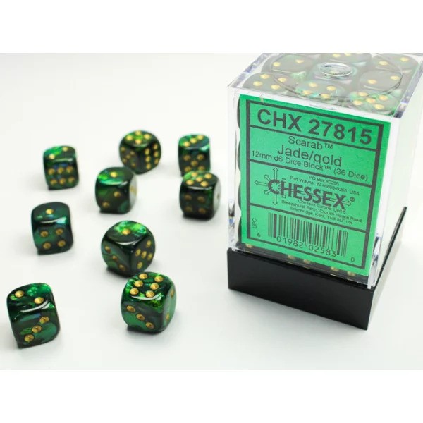 12mm d6 with pips (36 Dice Block) - Scarab Jade w/gold