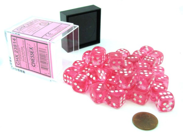 Translucent 12mm d6 with pips (36 Dice Block) - Pink/white