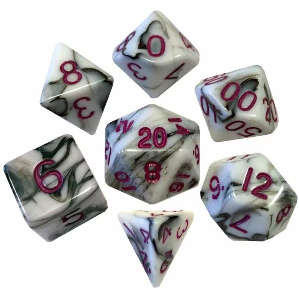 16mm Acrylic Polyhedral Dice Set: Marble w/ Purple Numbers