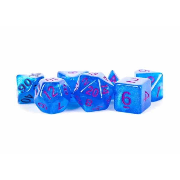 16mm Acrylic Polyhedral Dice Set: Stardust Blue w/ Purple Numbers