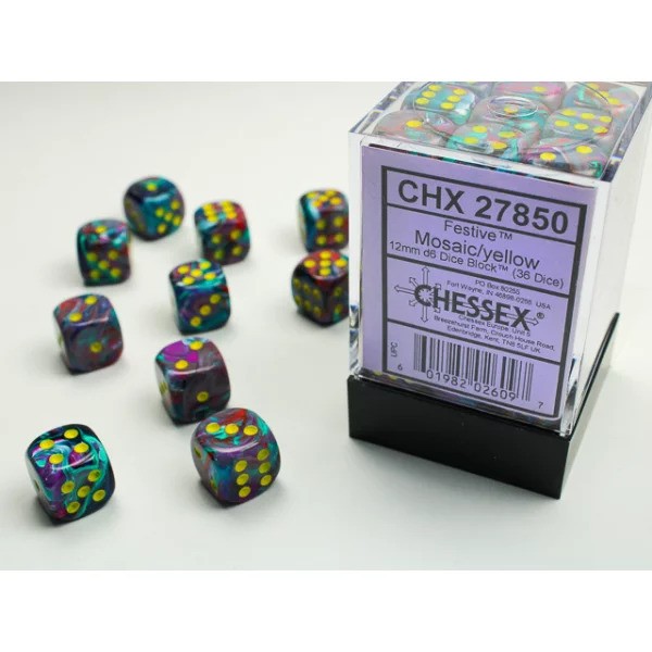 12mm d6 with pips (36 Dice Block) - Festive Mosaic/yellow