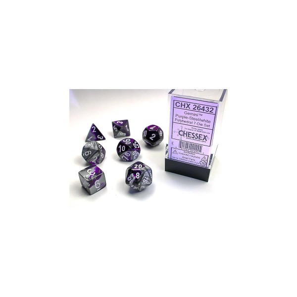 Gemini Polyhedral 7-Die Set - Purple-Steel w/white