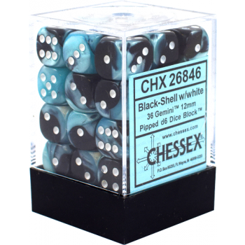 Chessex Gemini 12mm d6 Dice Blocks with pips Dice Blocks (36 Dice) - Black-Shell w/white