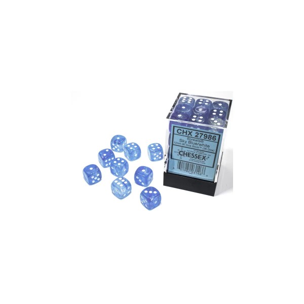 12mm d6 with pips (36 Dice Block) - Borealis 12mm d6 Sky Blue/white Luminary