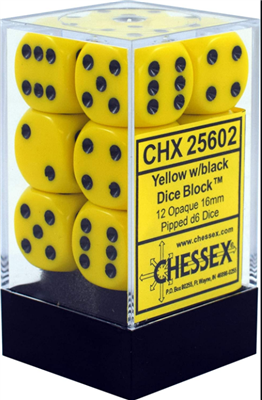 Chessex Opaque 16mm d6 with pips Dice Blocks (12 Dice) - Yellow w/black