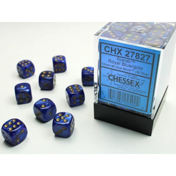 12mm d6 with pips (36 Dice Block) - Scarab Royal Blue w/gold