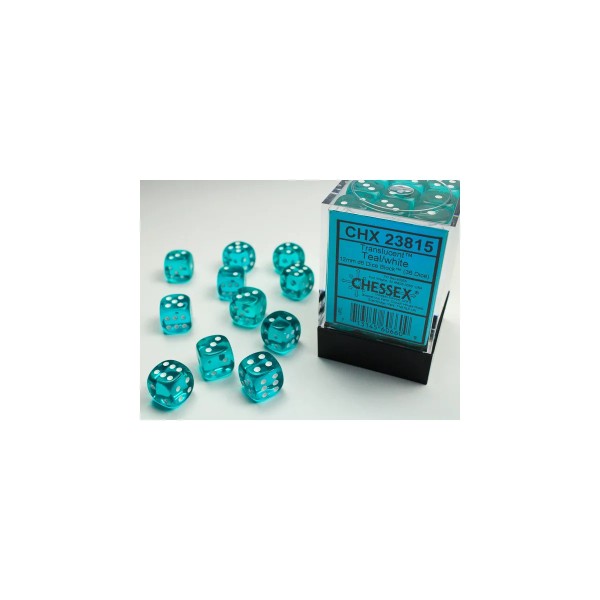 Translucent 12mm d6 with pips (36 Dice Block) - Teal w/white