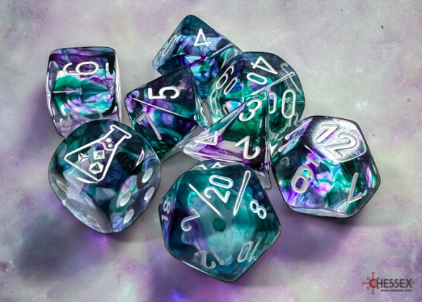 Nebula Fluorite/white Polyhedral 7-Dice Set (with bonus die)