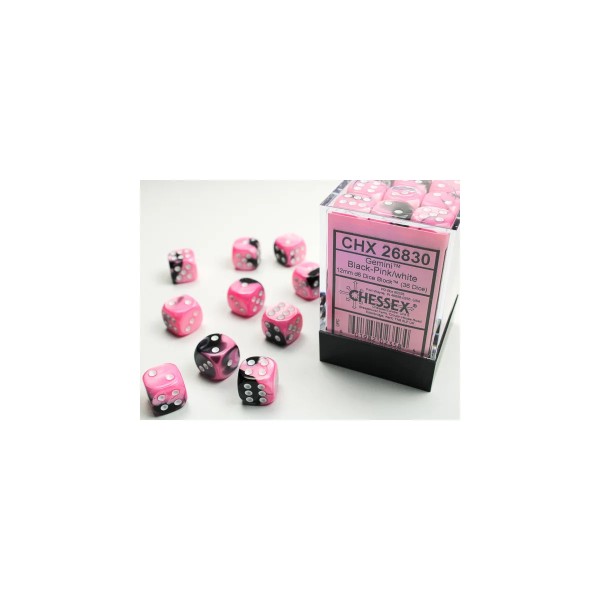Gemini 12mm d6 with pips (36 Dice Block) - Black-Pink w/white
