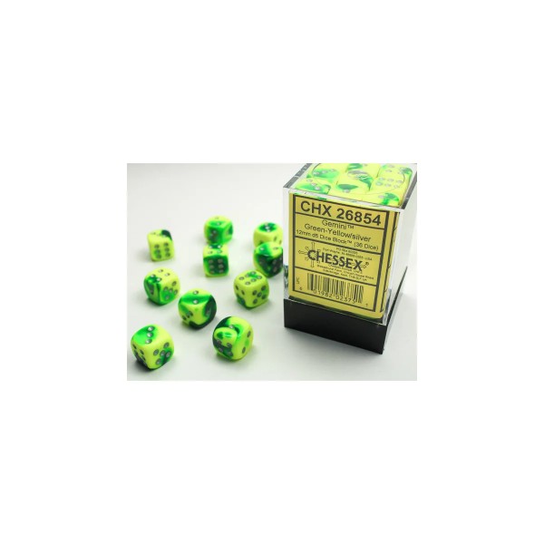 Gemini 12mm d6 with pips (36 Dice Block) - Green-Yellow w/silver