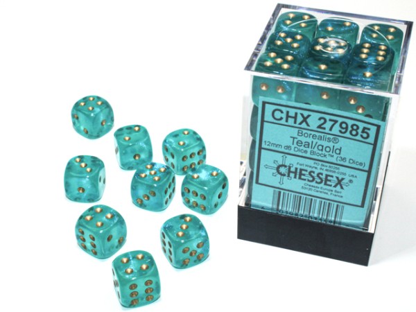 12mm d6 with pips (36 Dice Block) - Borealis Teal w/gold