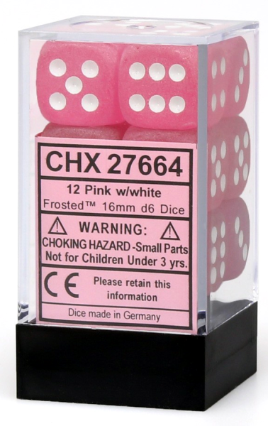 Frosted Pink White 16mm d6 with pips Dice Blocks™ (12 Dice)