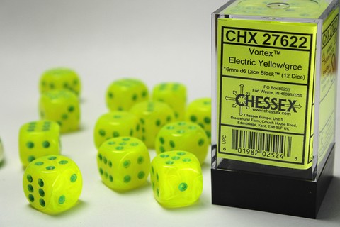 Vortex Electric Yellow w/green Signature™ 16mm d6 with pips Dice Blocks™ (12 Dice)