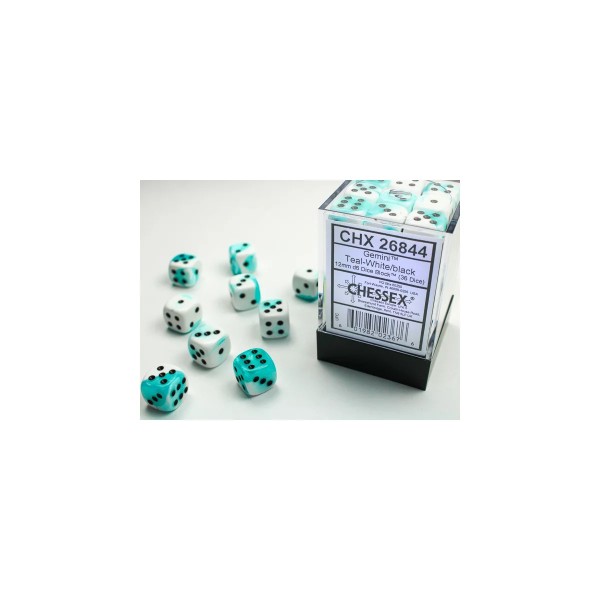 Gemini 12mm d6 with pips (36 Dice Block) - White-Teal w/black
